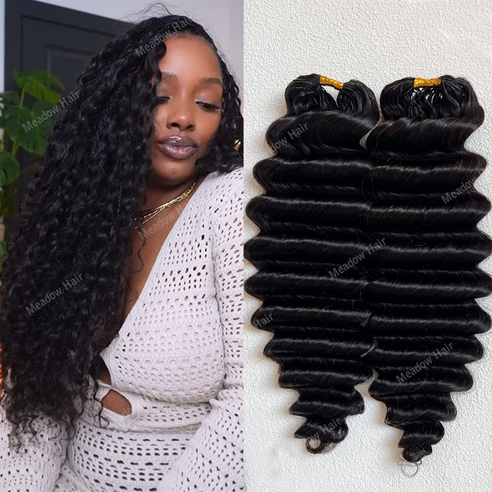 Deep Wave Feather Crochet Human Hair Extensions Brazilian Virgin Hair Upgrade Bulk Knotless Boho Braids Hair Pre Looped Curly Braiding Bundles for Black Women Meadow Hair 16inch 120g