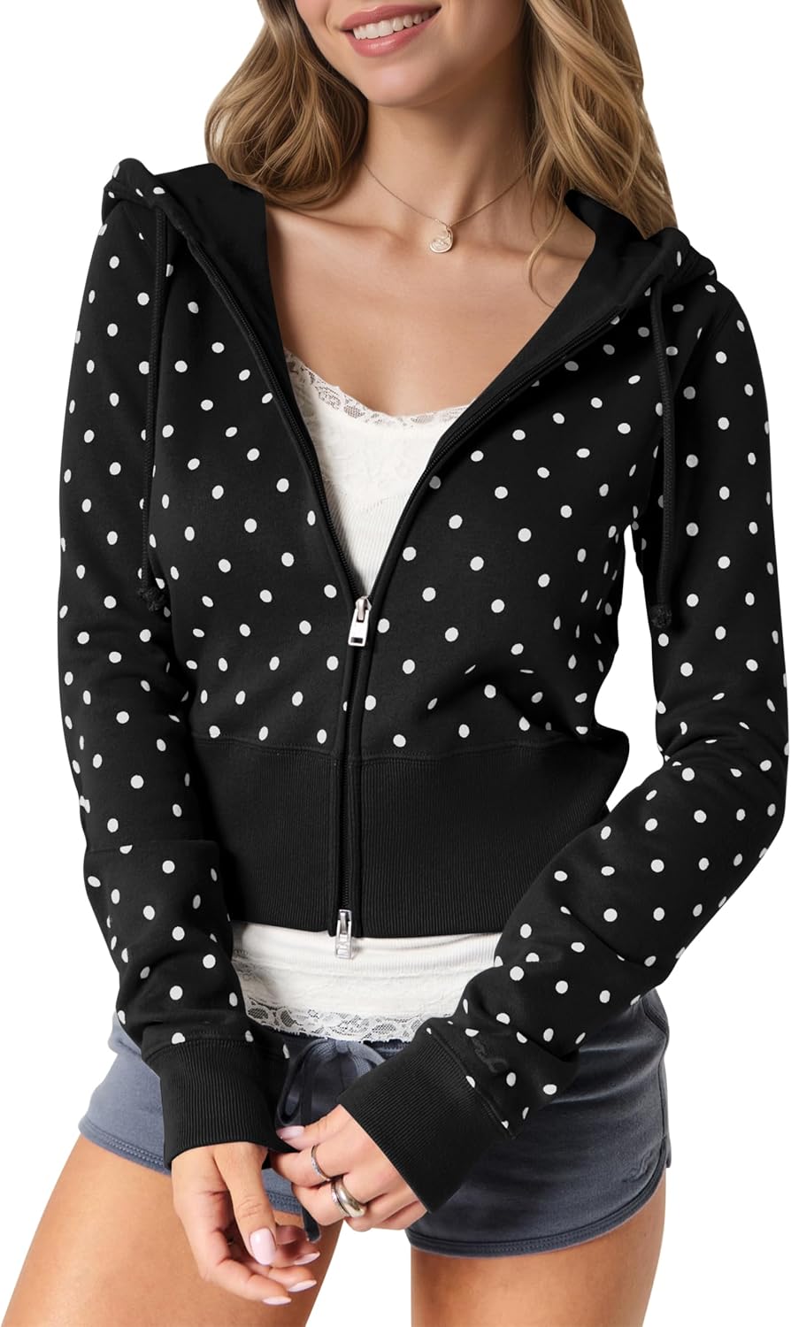 HOCANDY Women Cropped Zip Up Polka Dot Hoodie Sweatshirt Fleece Ribbed Hem Zipper Drawstring Hooded Jacket