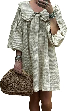 Womens Cute Ruffle Collar Babydoll Dress Puff Half Sleeves Plaid Print Mini Dresses Summer Loose Flowy Short Dress
