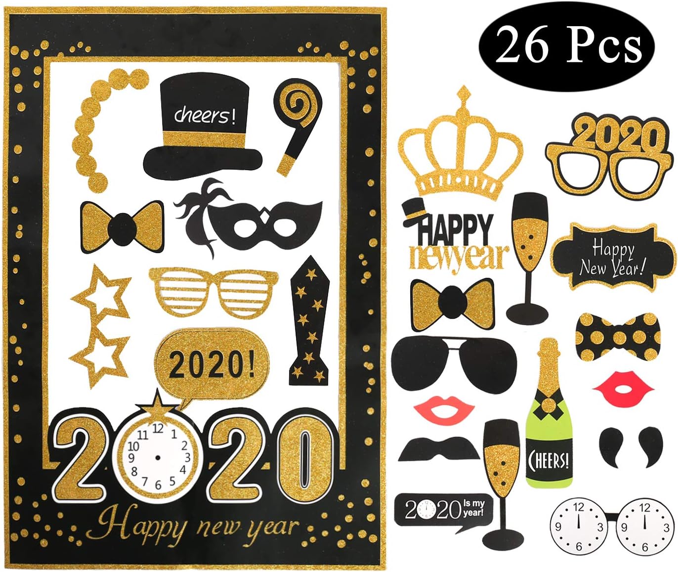 New Years Eve Party Supplies 2020, New Years Photo Booth Props Pack Of 33 Glitter Cardstock Decorations Kit, New Years Eve Backdrop 2020 Supplies décor