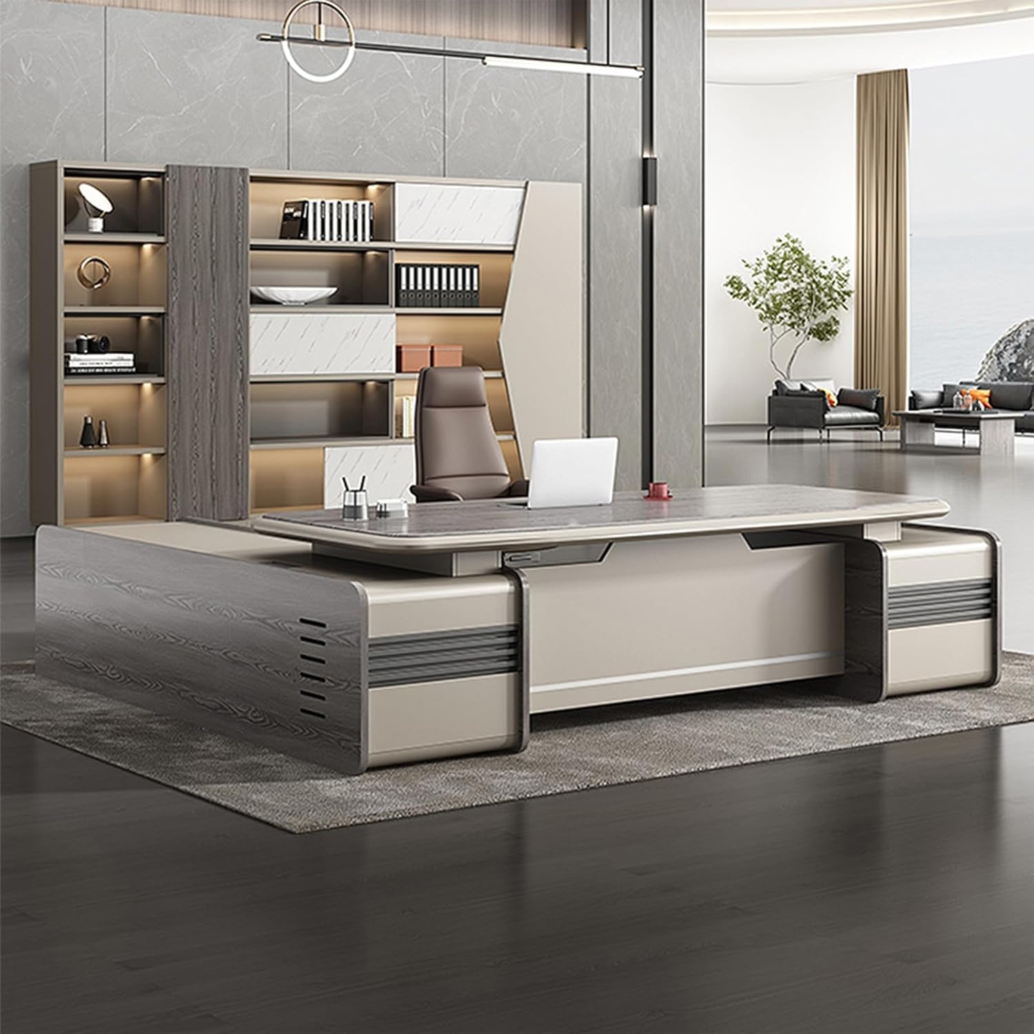 Grey L-Shaped Computer Desk Home Office Desk with Lateral Cabinet Writing Study Table Business Furniture Set for CEO Boss