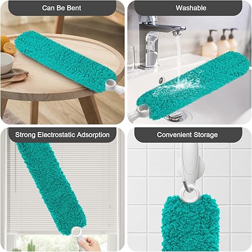 Miniatura 9 de EHOMGUI Plumero de microfibra 4 piezas con poste de extensión de 30 a 90 pulgadas, plumero largo extensible con cabezal flexible reutilizable para