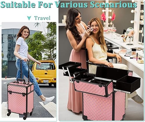 Miniatura 4 de AROUS Estuche de tren de maquillaje rodante, carrito de viaje para cosméticos, 4 bandejas con riel deslizante, capa media extraíble con ruedas