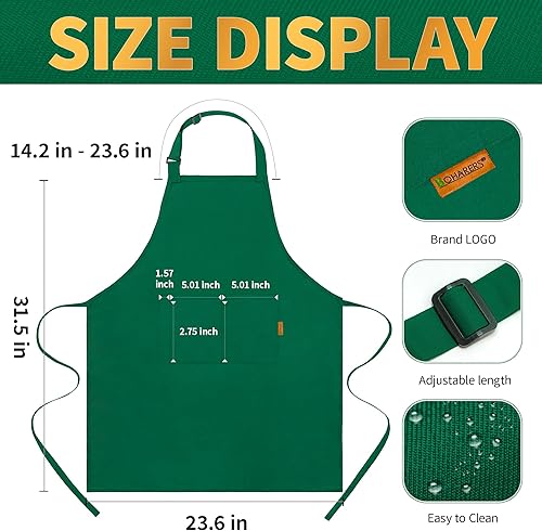 Miniatura 6 de BOHARERS Delantales verdes con bolsillos  Delantal de restaurante para el trabajo, hogar, cocina, delantales de chef lavables