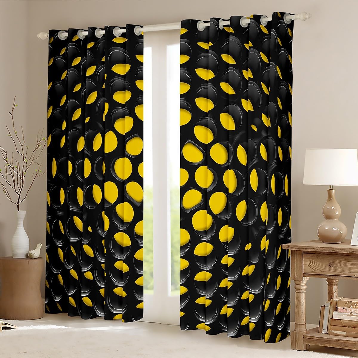 Feelyou (2 Panels, 38 x 45 Inch Hexagonal Darkening Dreapes Boys Girls Honeycomb Curtains for Bedroom Living Room Kids Geometrical Yellow Black Blackout Curtains Beehive Window Treatments