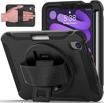 BATYUE Rugged Case for iPad mini 7 GenA17 Pro 2024/ Mini 6 Gen 8.3 2021, Full-Body Shockproof Protective Case for Kids with 360Rotating Hand Strap & Kickstand, Handle& Pencil Holder| Black