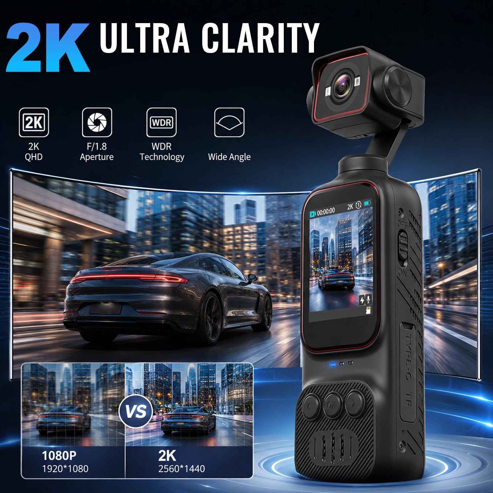 NHOPEEW 2K Vlog Camera con Display da 2 Pollici, POV Wi-Fi Pocket Camera
