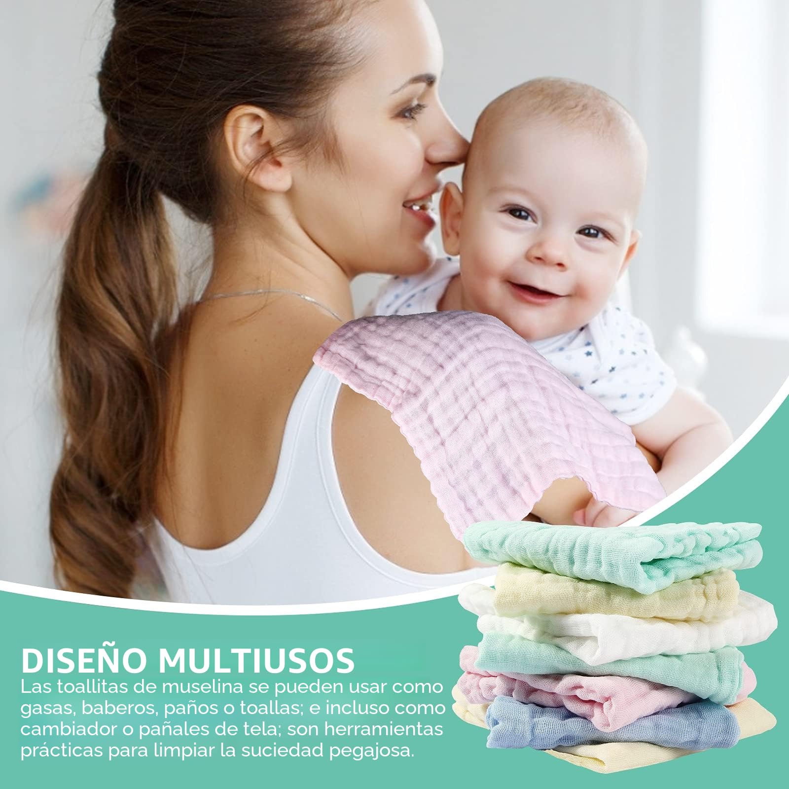 Toallas Bebe Recien Nacido De BañO Muselinas Bebe Algodon Gasas para Bebes Toalla BañO Regalo Recien Nacido NiñO 10 Piezas Toallitas Reutilizables Muselina 25x25 cm