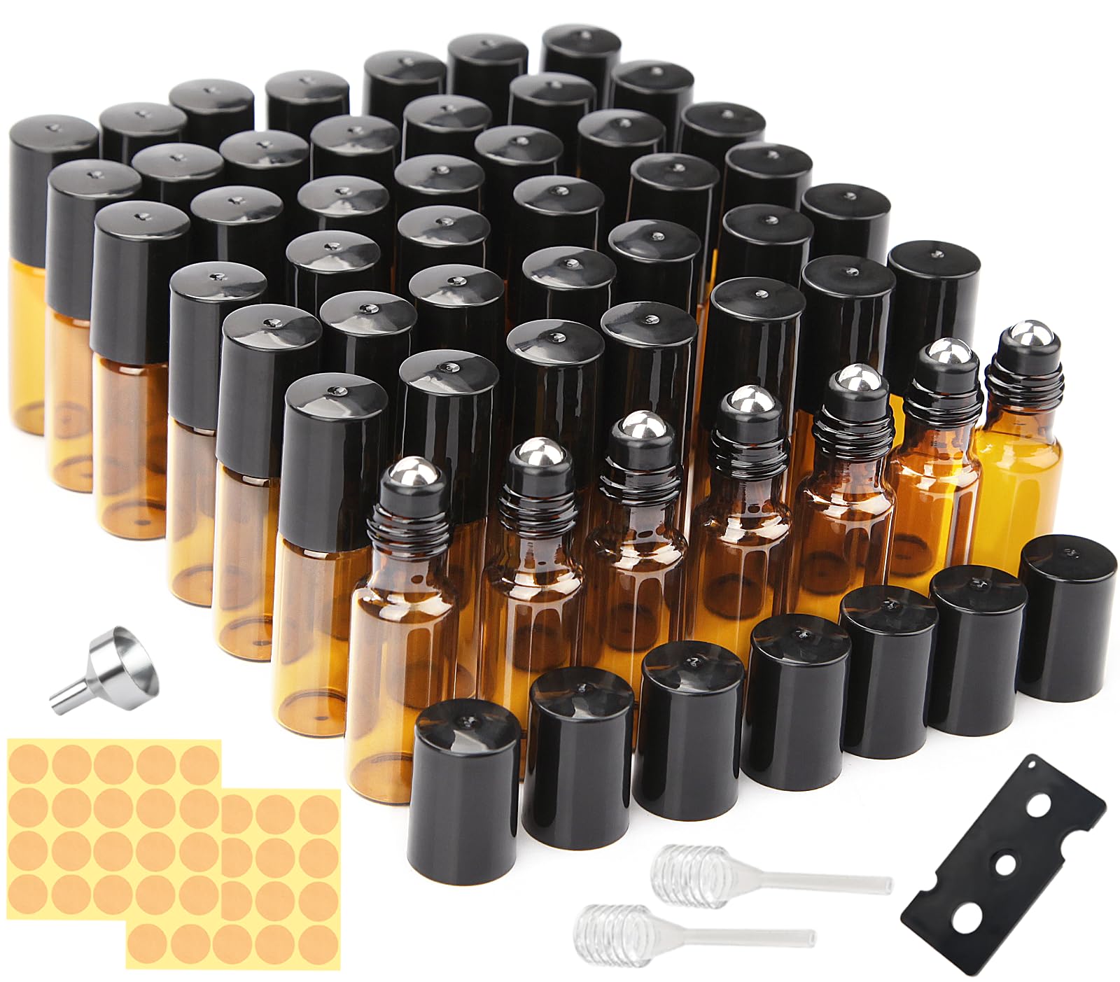 Roll on Botellas de cristal para aceite esencial, 48 unidades de 5 ml, aceites esenciales vacío, con bolas de rodillo de acero inoxidable para aceites esenciales, perfumes