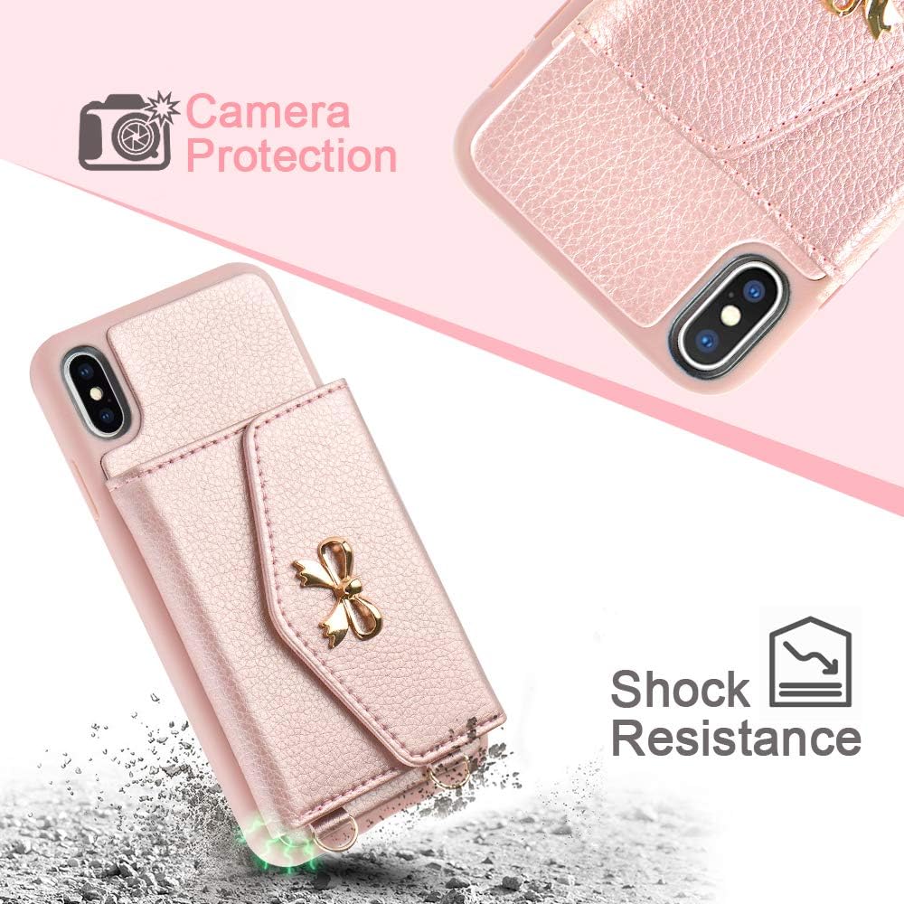 Get Special Price LAMEEKU Wallet Case for iPhone Xs Max,Protective Leather Cases with Card Holder Slot Pocket, Shockproof Cover with Crossbody Chain Wrist Strap for Apple iPhone Xs Max 6.5(2018)-Rose Gold