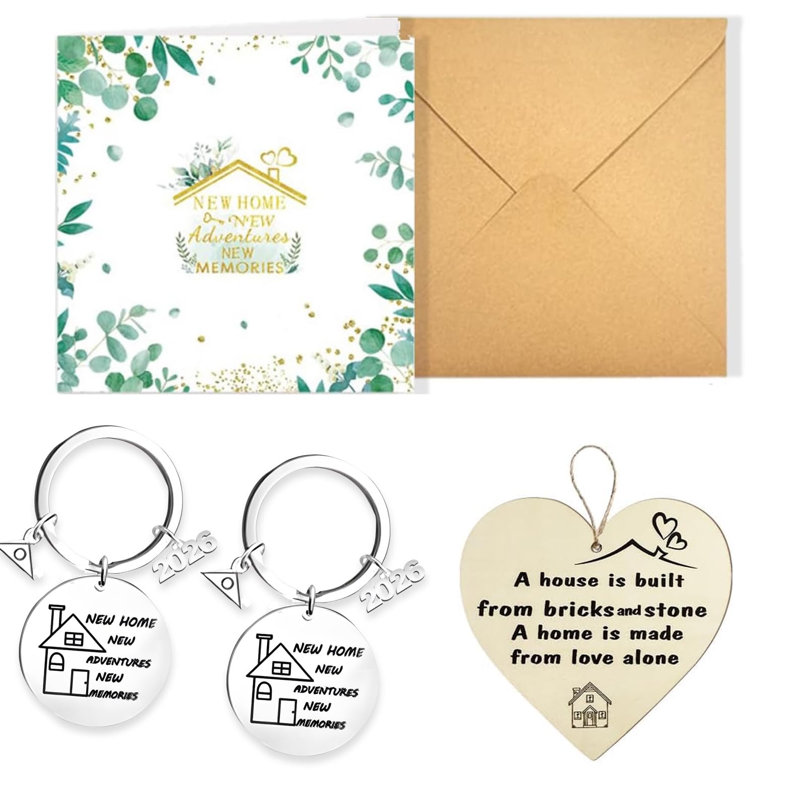 Rdunulioo Silver 4 Pcs New Home Gifts Ornament 2026, Includes New Home Card With Envelope, Wooden Heart Plaque And 2 Keyrings, Housewarming Gifts For Couples, Friends, Neighbors And Family
