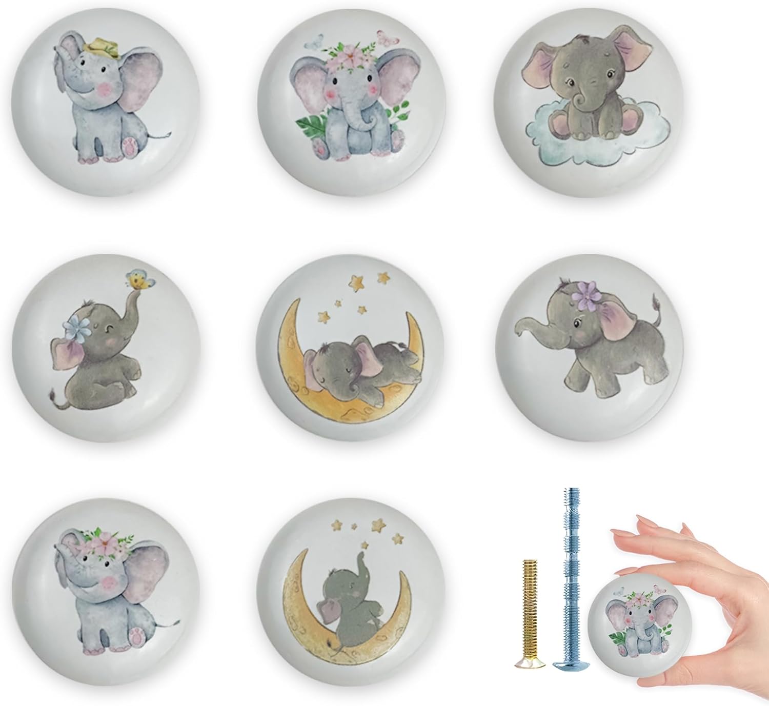 8Pack1.5 Ceramic Elephant Animals Knob Nursery Kids Dresser Drawer Handles Nature Themed Cabinet Knobs and Pulls