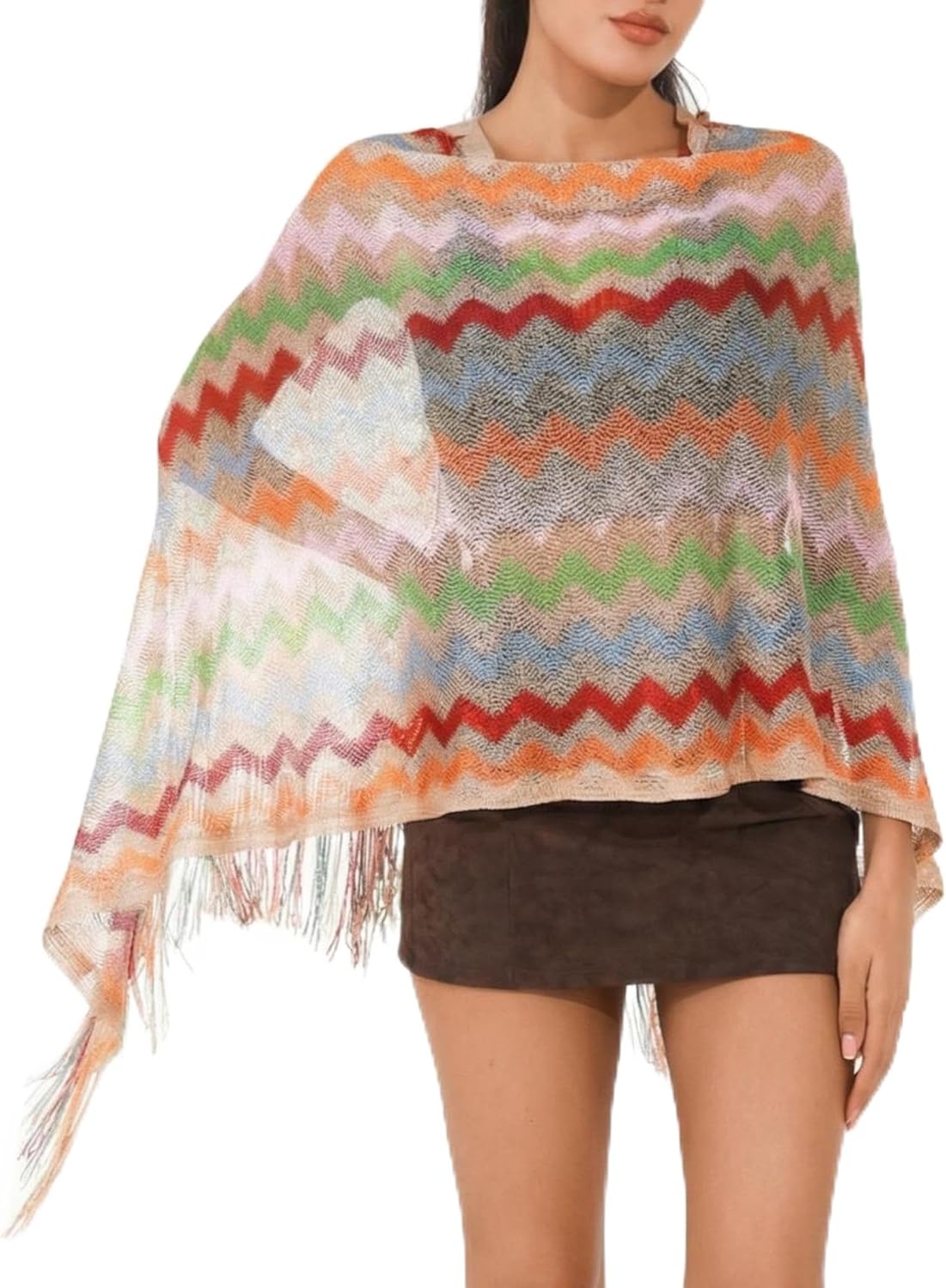 ZAFUL Women's Swimwear Cover Up Fringe Beach Poncho Colorful Wave Zigzag Pullover Shawl Boho Ethnic Swimwear Coverup