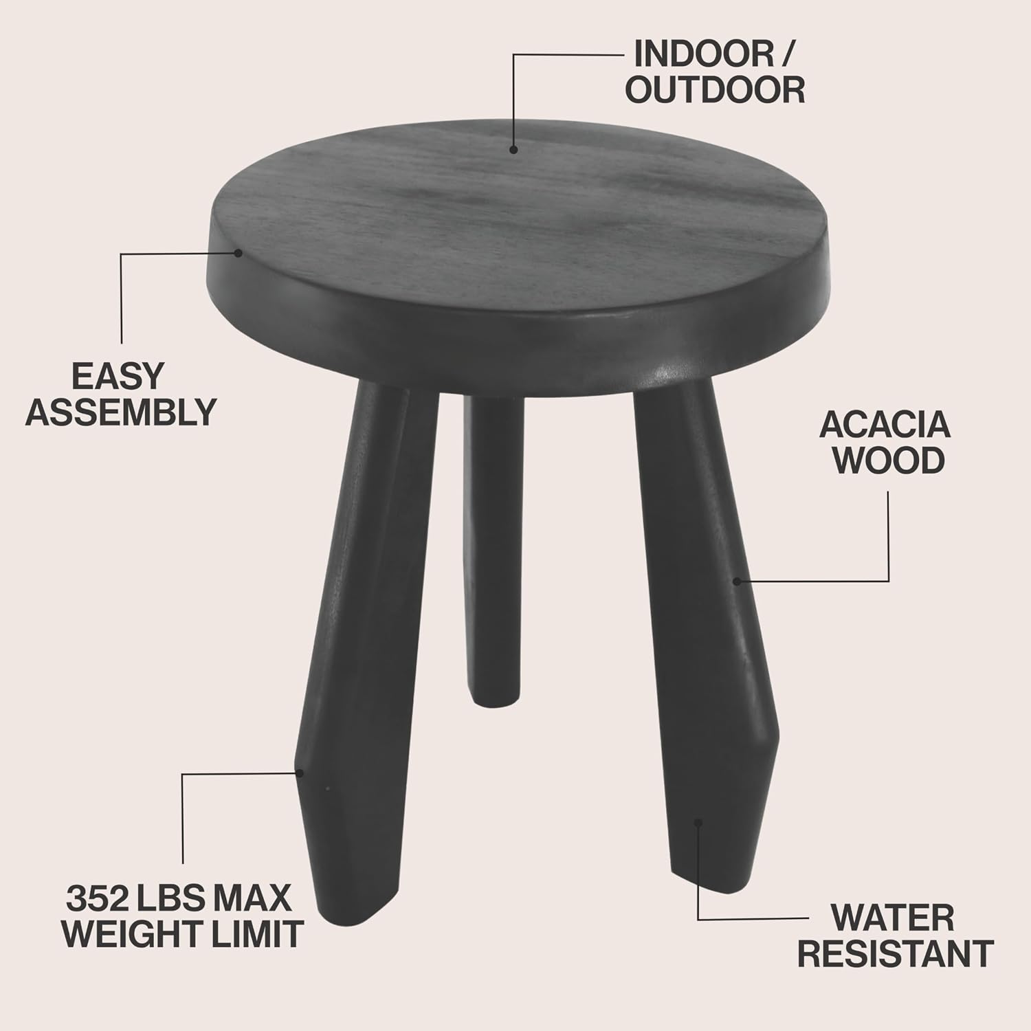 JONATHAN Y Rustic Coastal 15" Black Solid Acacia Wood Outdoor Stool, Tripod Round Patio Garden Stool, Weather Resistant Accent Side Table for Porch Deck Lawn (STL2000C)