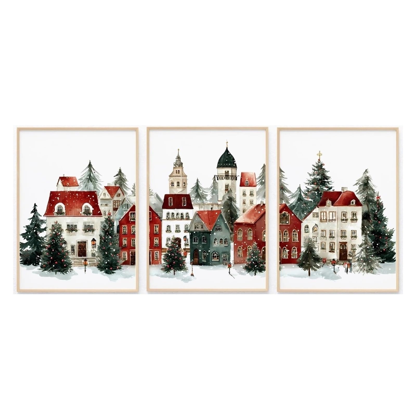 Graiting 3pcs Christmas Village Snowy Winter Town Paintings Poster Print For Living Room Xmas Santa Decoration(40x50cm Unframe)
