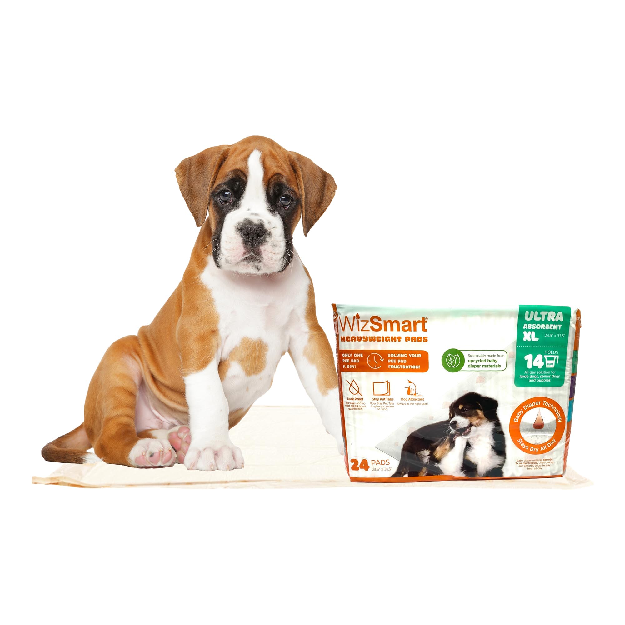 WizSmart All Day Dry - Almohadillas de entrenamiento para perros y cachorros de alta calidad, fabricadas con pañales reciclados sin usar y materiales ecológicos (10 tazas Ultra XL, 24 unidades)