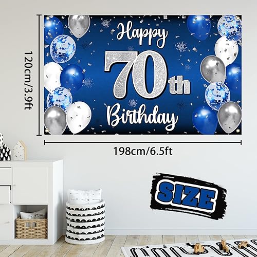 Miniatura 2 de Decoraciones de feliz cumpleaños 70, cartel grande de globo azul y plateado de cumpleaños número 70, suministros para fiesta de cumpleaños de 70