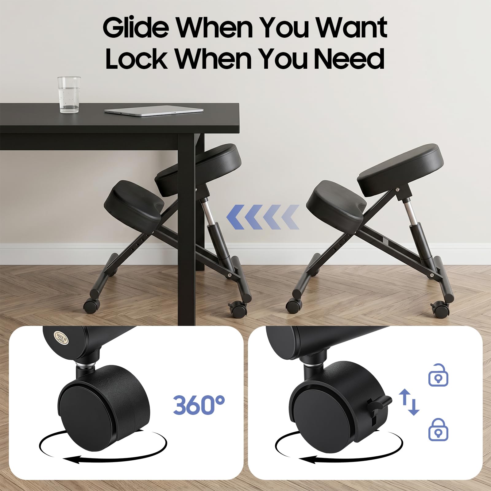 Silla de rodilla ergonómica ajustable para oficina, estructura de metal + silla de oficina de piel, asiento con reposamuñecas, dolor de espalda, aliviar el dolor de cuello y mejorar la postura