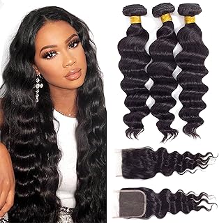12A Loose Wave Bundles with Closure Human Hair (12 14 16+10") 100% Real Human Hair 3X Longer Lifespan 100% Unprocessed Brazilian Loose Deep Wave Human Hair Weave Bundles with Closure Natural Color