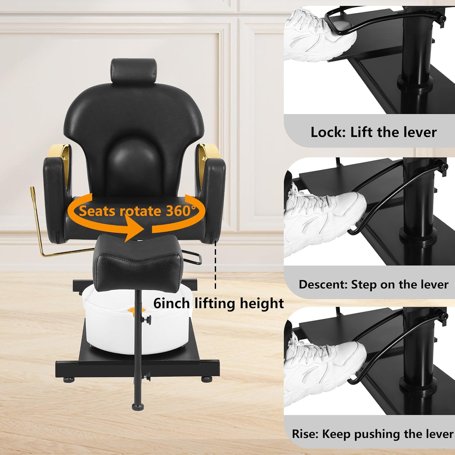 Pedicure Station No Plumbing, Hydraulic Pedicure Chair, Height Adjustable Reclining Pedicure Station Unit, 360 Degree Swivel Foot Spa Chair with Footrest and Massage Foot Bath Gold Black