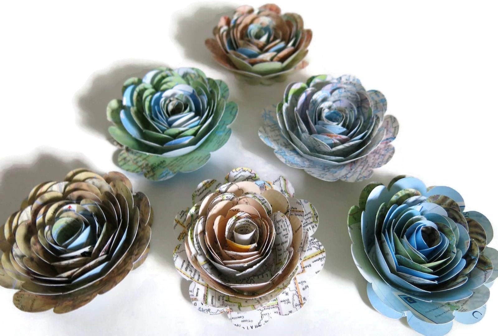 Map Paper Flowers, Travel Theme Bridal Shower Decorations, Set of 6 World Atlas Roses, 3 Inch Dimensional Steampunk Wedding Centerpiece