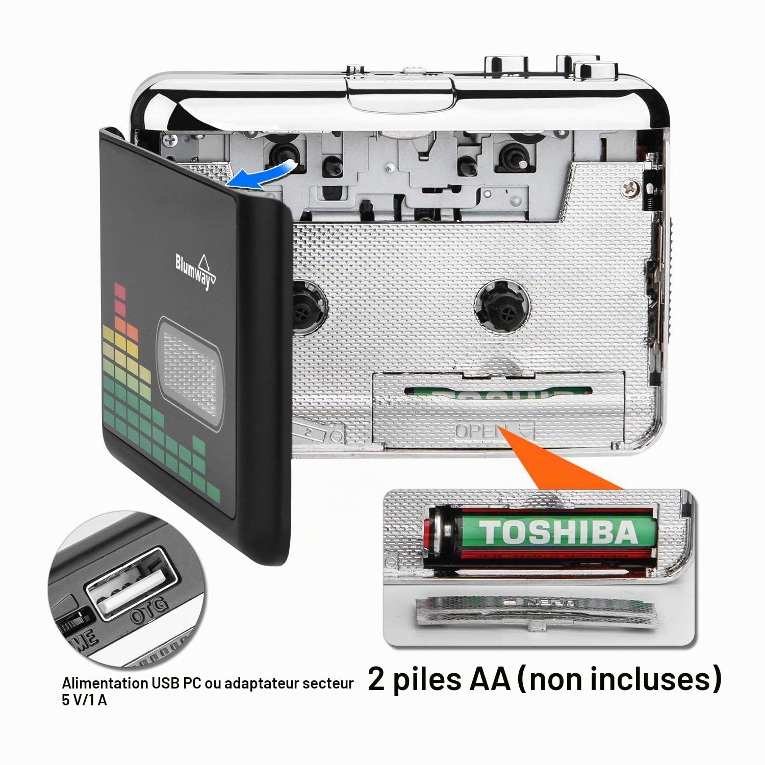 BlumWay Convertisseur de cassette USB en MP3, lecteur de cassette portable Convertisseur de cassette numérique Lecteur de musique audio Convertisseur de cassette avec casque et étui de transport