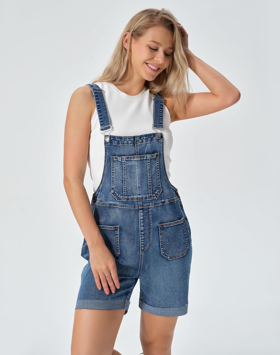 roswear Denim Overall Shorts for Women Stretchy Jumpsuits with Adjustable Strap Cuffed Hem - Image 8