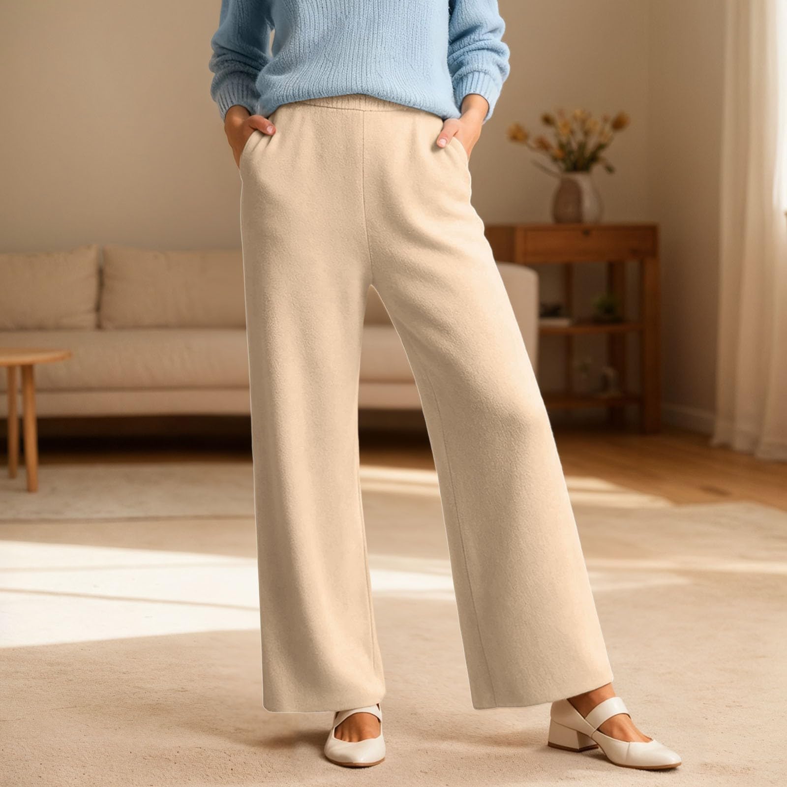 Generisch Pantaloni da donna in lana con gamba larga, per autunno e inverno, a vita alta, per il tempo libero, elasticizzati, in tessuto, da lavoro, lisci, eleganti
