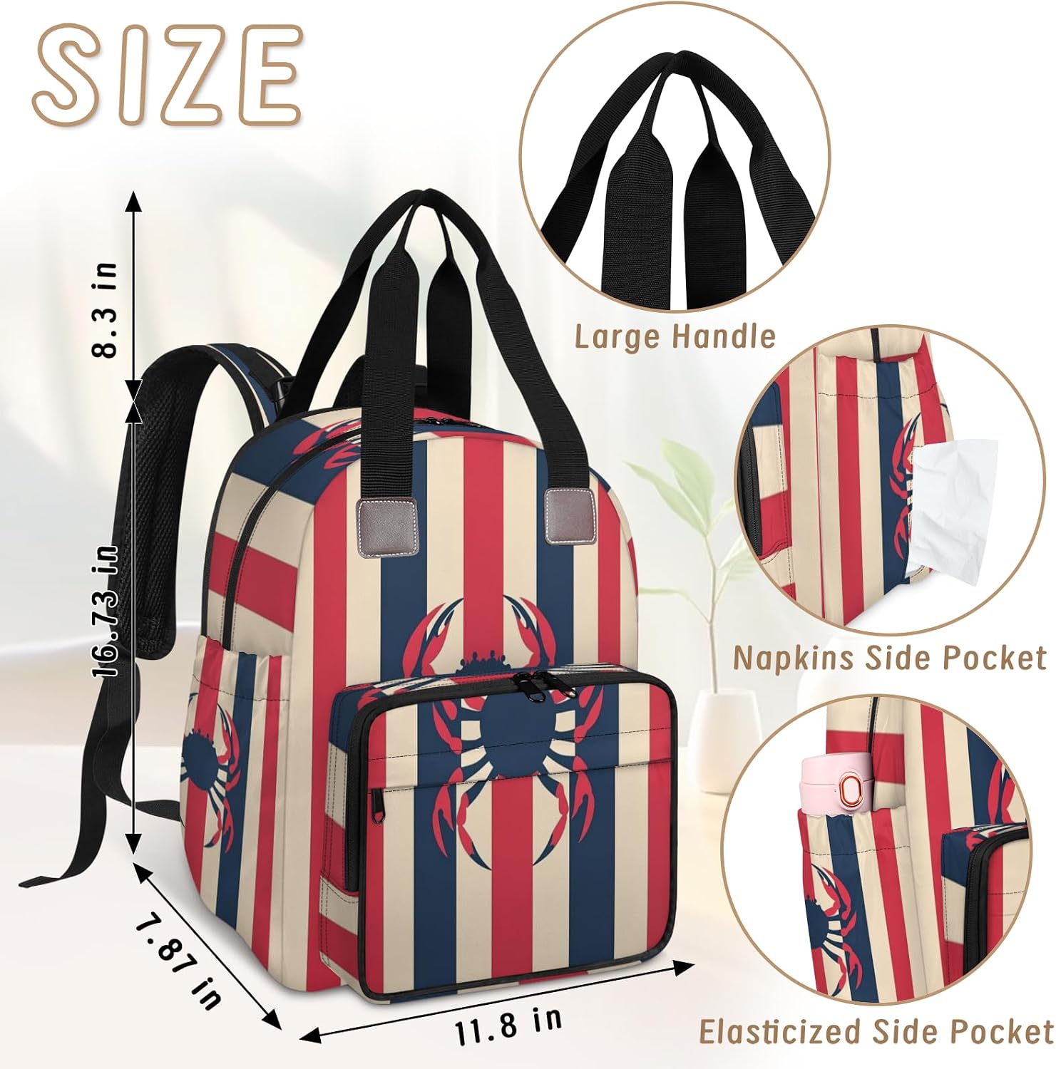 Crab Coastal Ocean Theme Diaper Bag Backpack Multifunctional Bag with Insulated Pockets, Travel Waterproof Daypack for Men Women with Stroller Straps