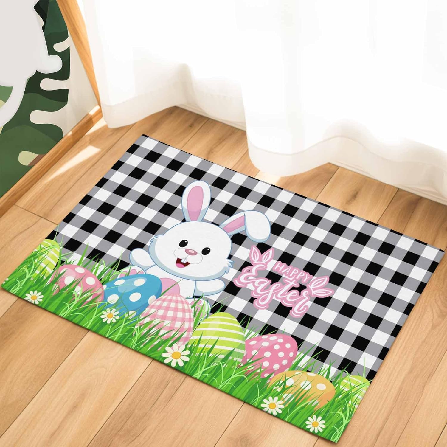 ALAGEO Easter Doormat Bunny Easter Eggs Entrance Door Rug Black Buffalo Plaid Check Spring Floor Mat for Easter Day Party Home Decoration,Indoor Outdoor Welcome Doormat 20x32 inch