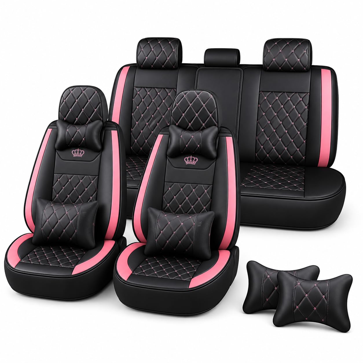 Komplettset Autositzbezüge aus atmungsaktivem Kunstleder Für Vorder- und Rücksitze inkl. Kopfstützen - reduziert Fahrermüdigkeit - passend für die meisten Pkw (Pink + schwarz, Vorder- & Rücksitze)