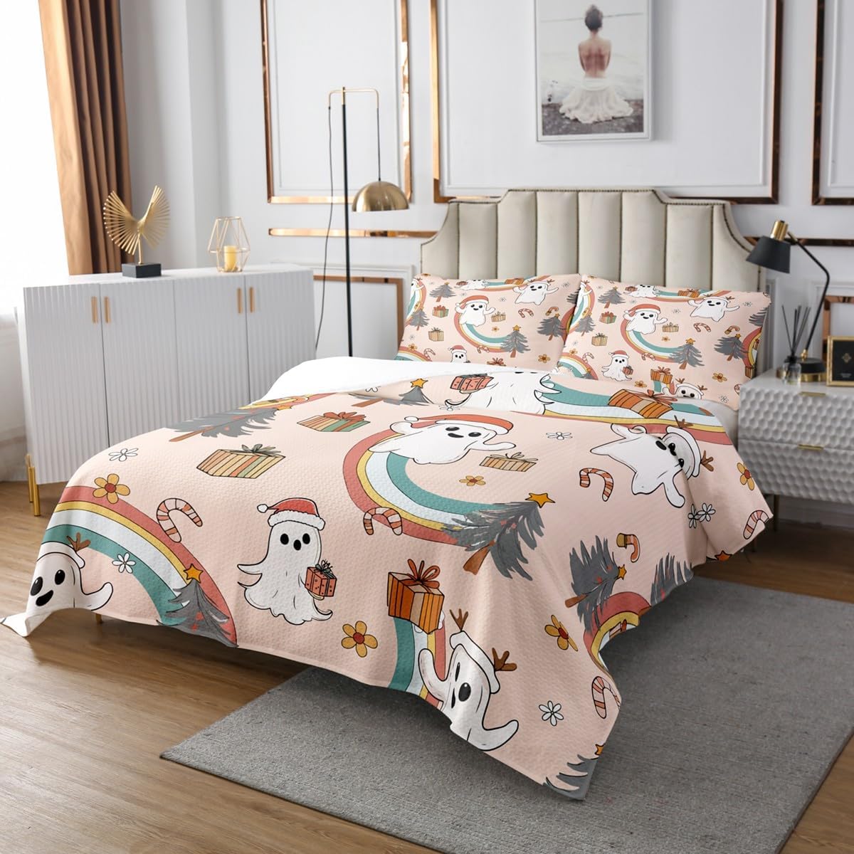Erosebridal Cartoon Ghost Quilt Set Gothic Bedspread Set Twin Halloween Decor,Santa Hat White Silhouette Coverlet Set Christmas Lights Quilted,Xmas Rainbow Kawaii Room Decor