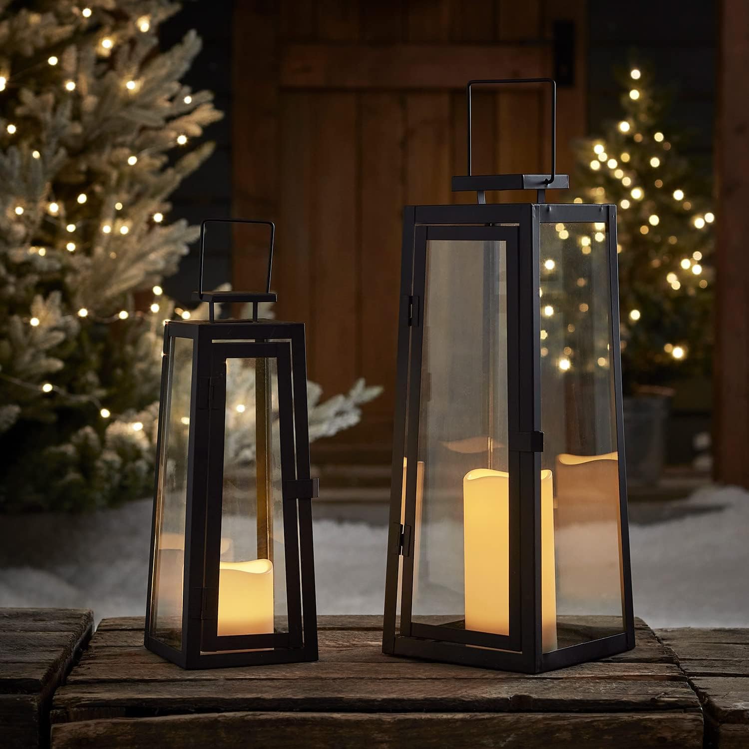 Lights4fun, Inc. Set of Two Black Metal Battery Operated LED Flameless Candle Lanterns Lights for Indoor Outdoor Use