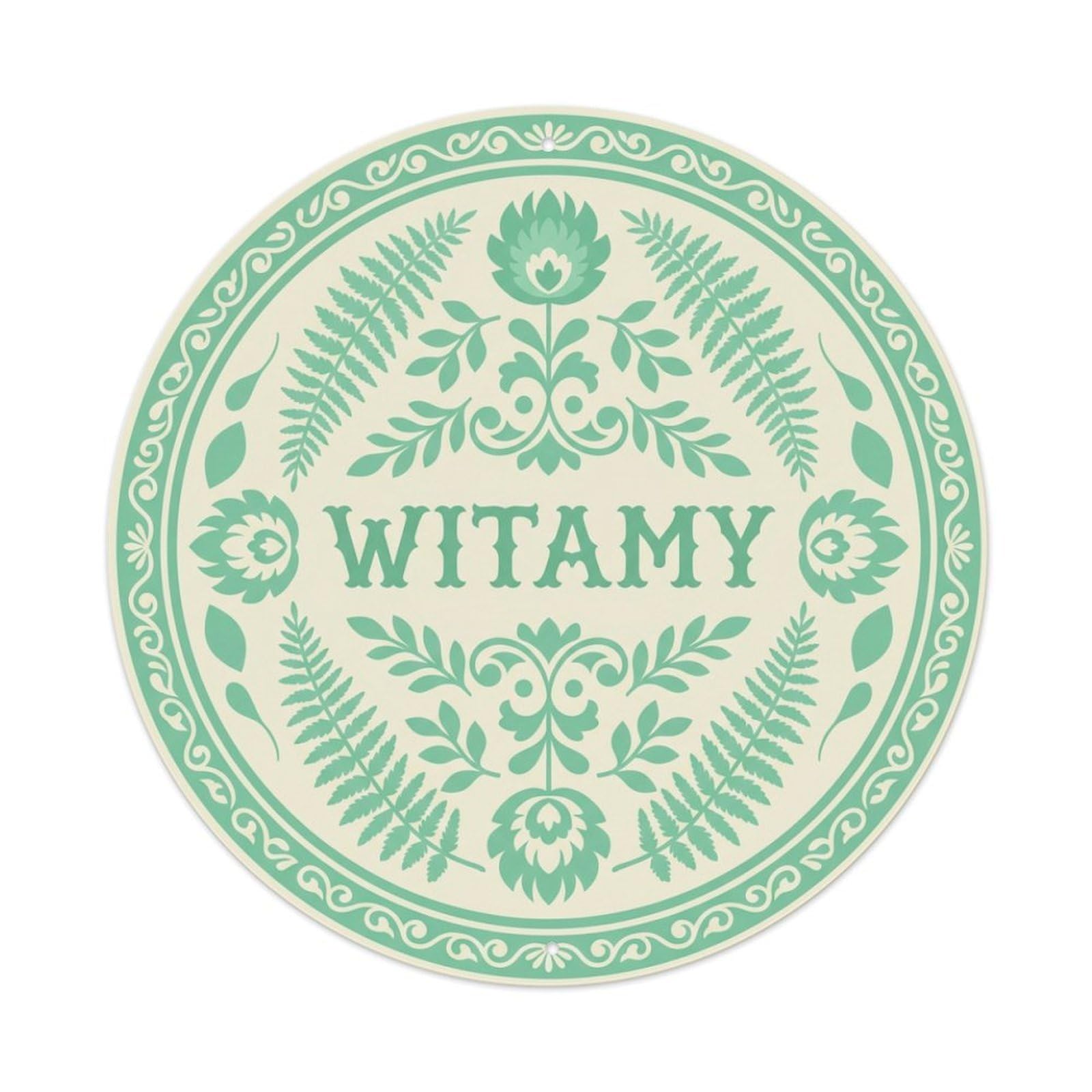 Fyrn Style Metal Tin Sign Vintage Polish Folk Art Witamy Welcome Mint Fern