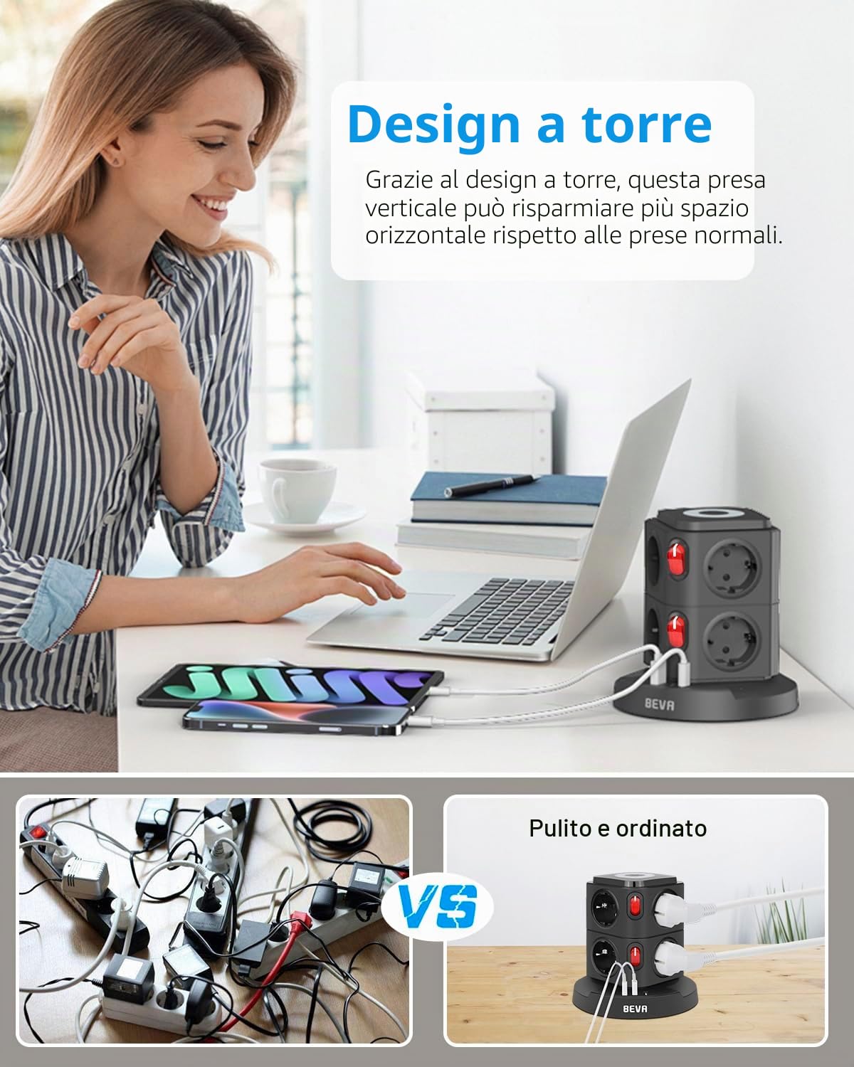 BEVA Multipresa Verticale, Ciabatta Multipresacon 3 Porte di Carica USB e 8 Prese EU Multipresa Elettrica con Luce Notturna e Protezione da Sovraccarico, 2500W/10A 2M Cavo