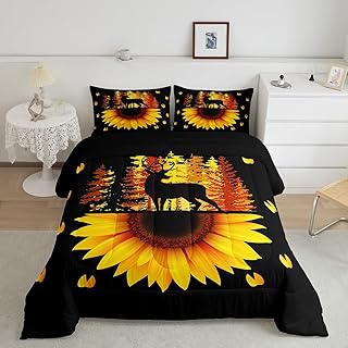 jejeloiu Deer Comforter Set for Kids Boys Girls Sunflower Comforter Deer Hunting Bedding Set King Size Bedroom Decor Floral Yellow Duvet Set Quilt Set 3Pcs