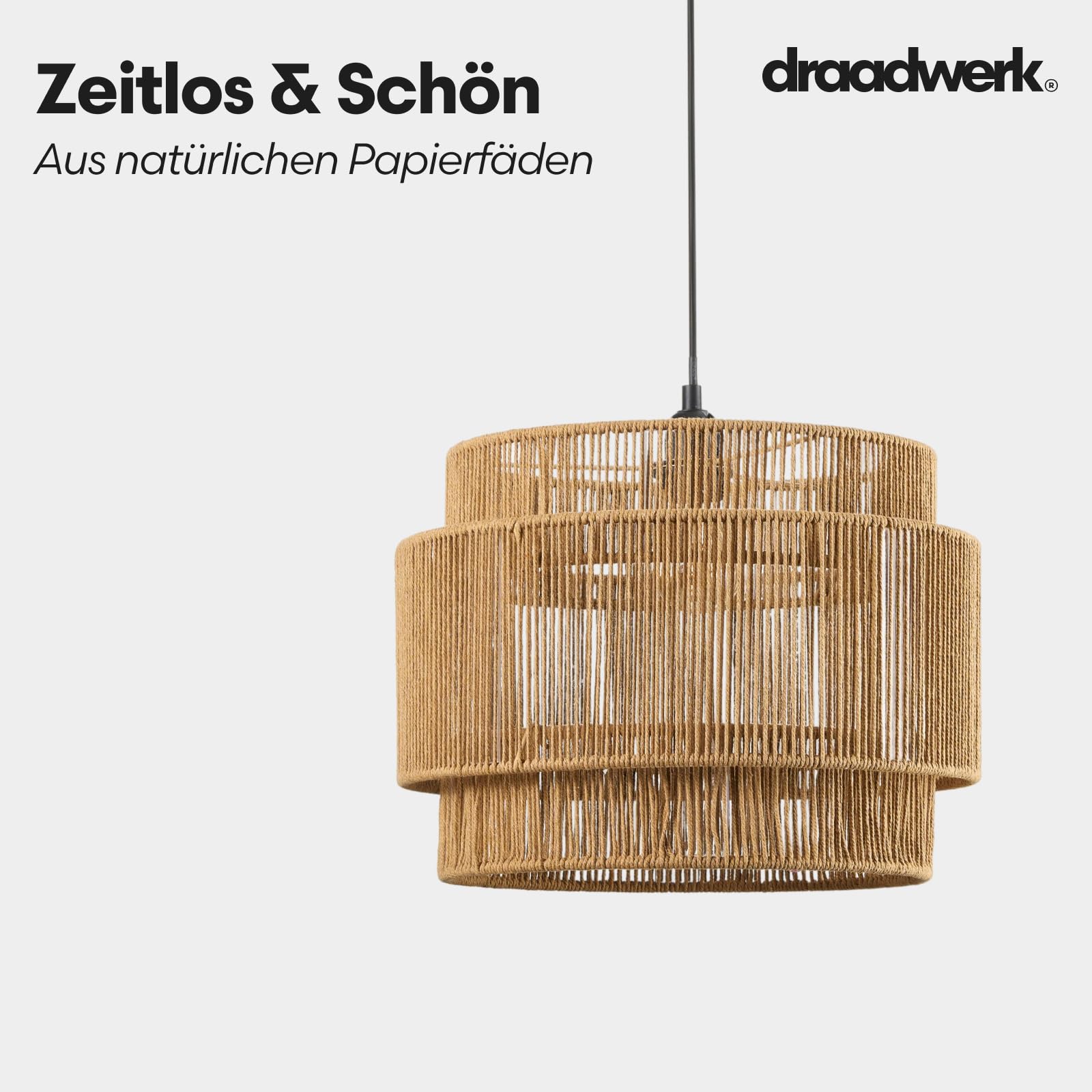 draadwerk® Pendelleuchte String | Hängeleuchte aus 3 Lampenschirmen, Natur, Modern Skandinavisch/Boho, für Wohnzimmer, Esszimmer, Schlafzimmer, 40cm Durchmesser | Antonia