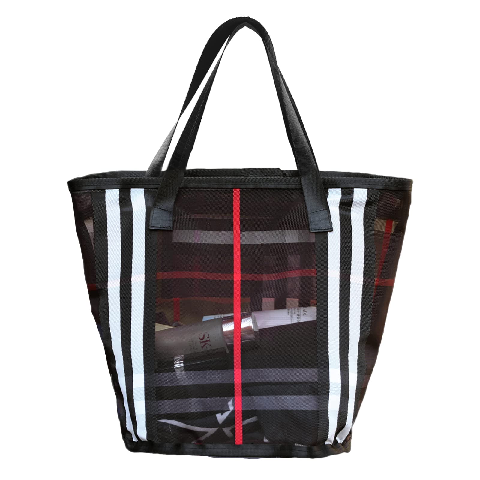 PVC Stripe Cosmetic Bag Mesh Bathroom Travel Storage Portable Handbag Transparent Makeup Bags For Women Girl Dark Brown, LARGE