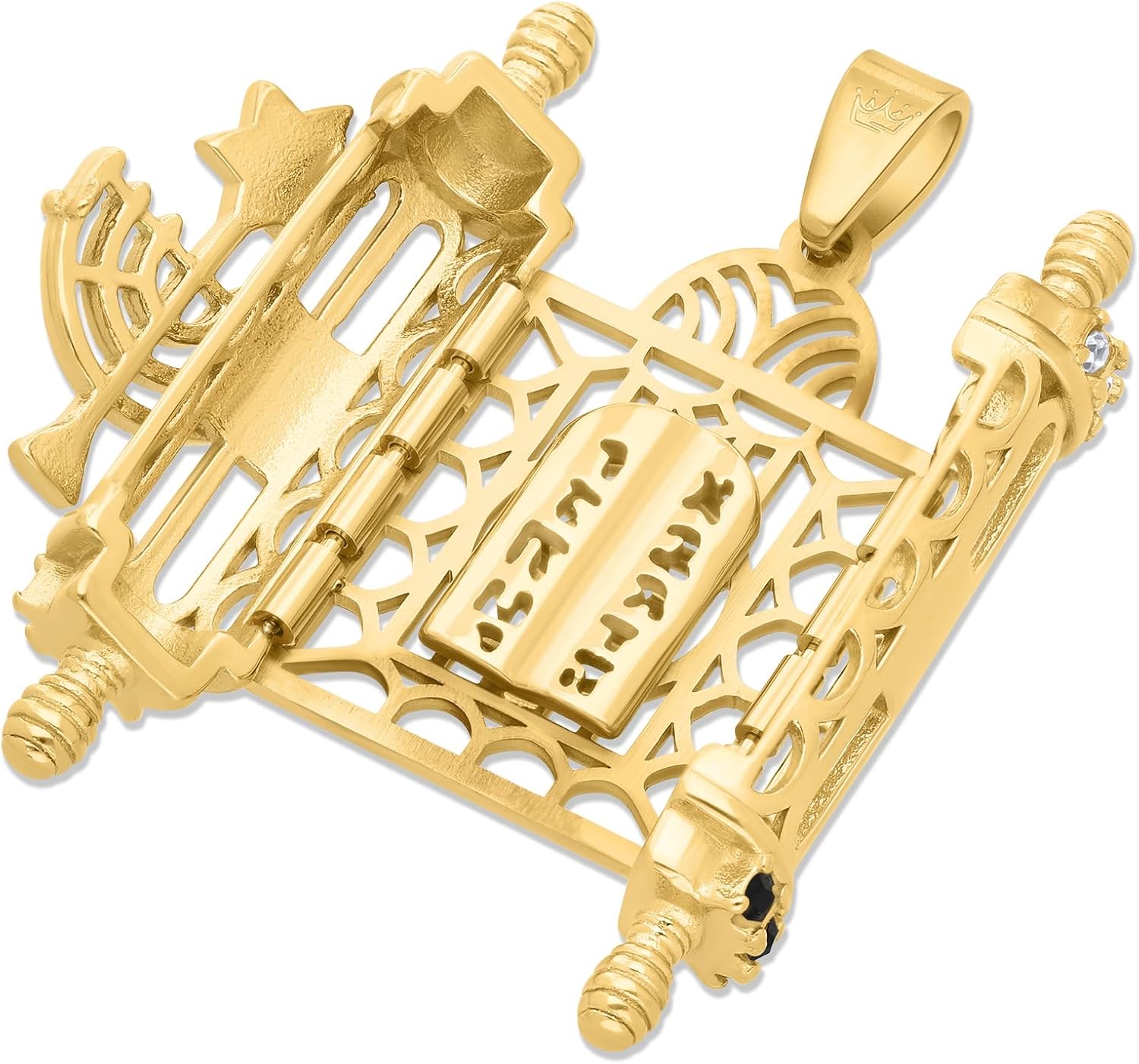 Gold-Filled 18K Torah Scroll Book Pentateuch Opening Pendant, Sefer Torah With Zircons & Magen David/Menorah Gift From Jerusalem