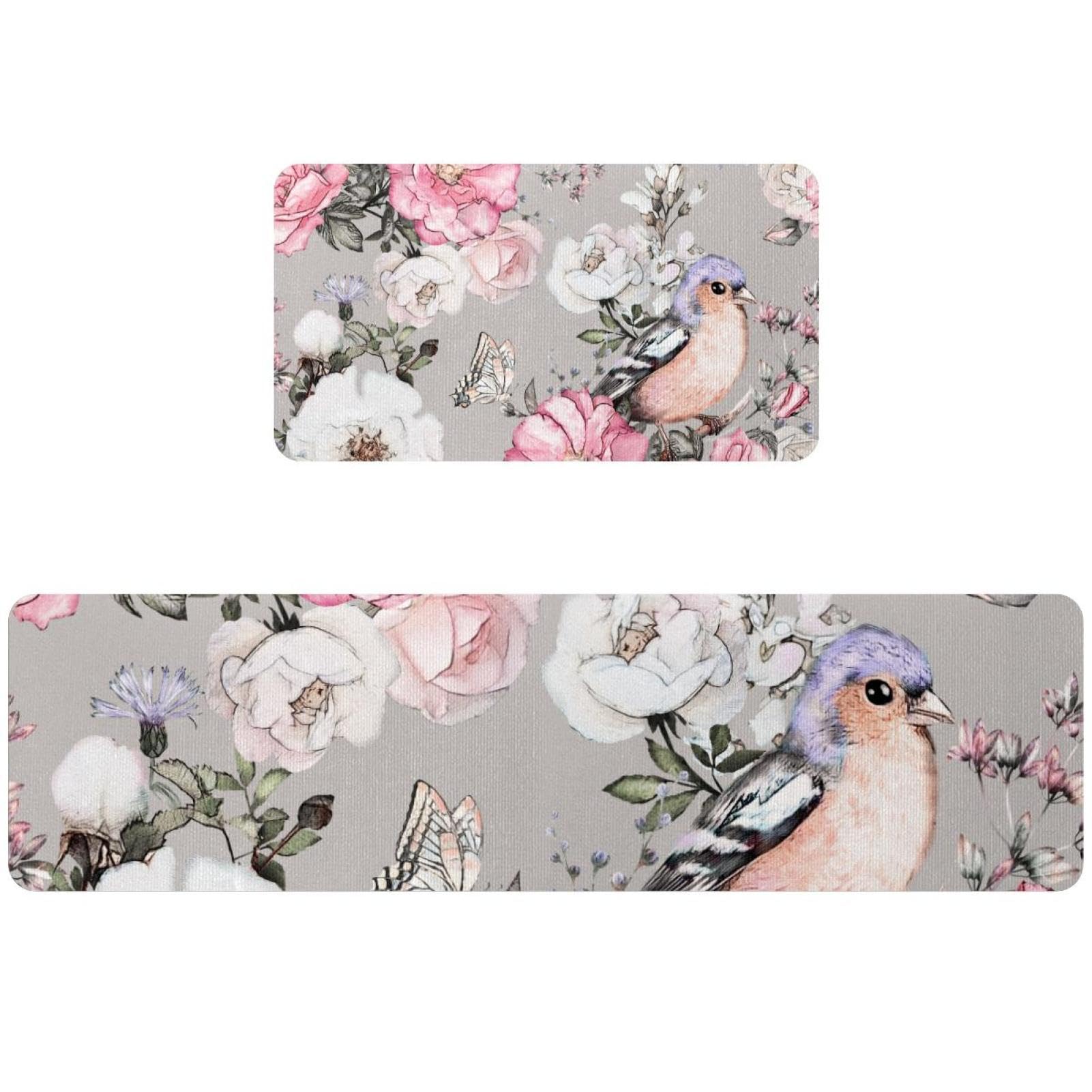 Tapis de cuisine antidérapant pour éviter les glissades : lot de 2 oiseaux sur rose