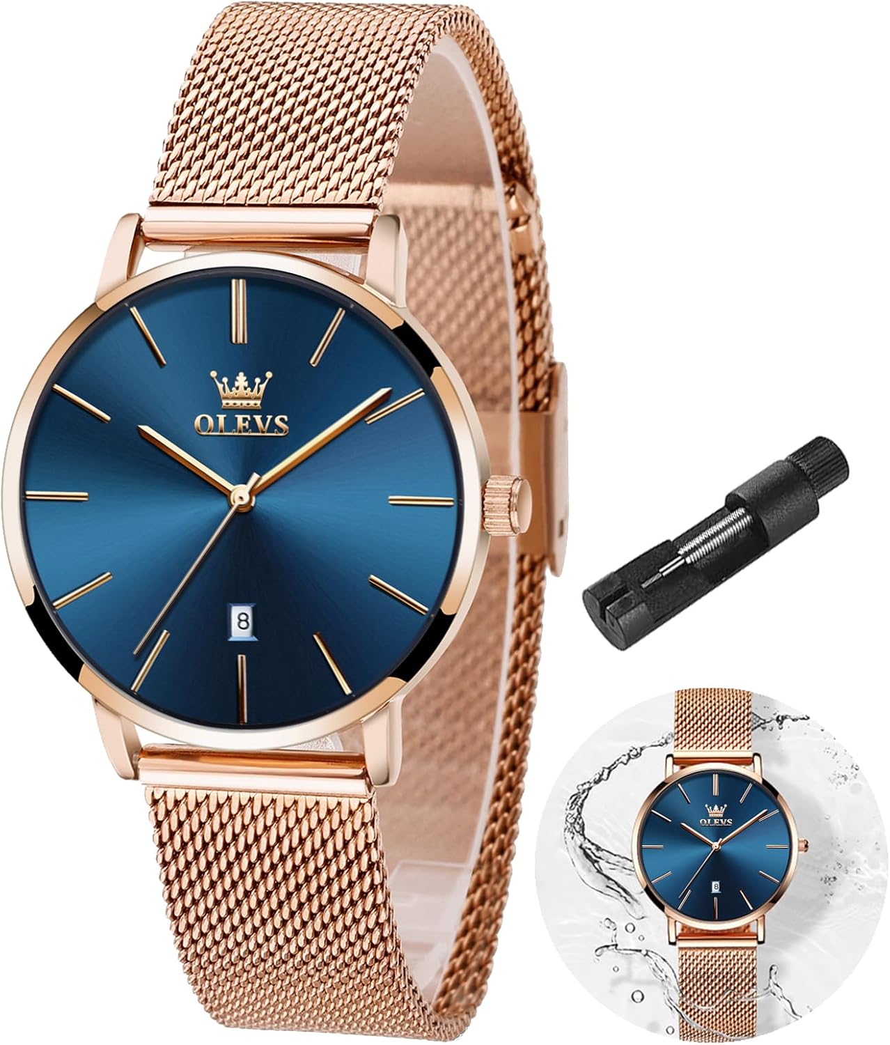 OLEVS Women's Watch Luxury Dress Rose Gold Women Slim Thin Lightweight Watch Stainless Steel Mesh Watches Fashion Waterproof Ladies Wrist Watch Black White Blue Face,Adjustable Bracelet