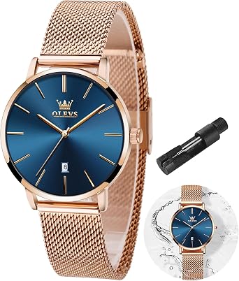 OLEVS Womens Watch Luxury Dress Rose Gold Women Slim Thin Lightweight Watch Stainless Steel Mesh Watches Fashion Waterproof Ladies Wrist Watch Black White Blue Face,Adjustable Bracelet