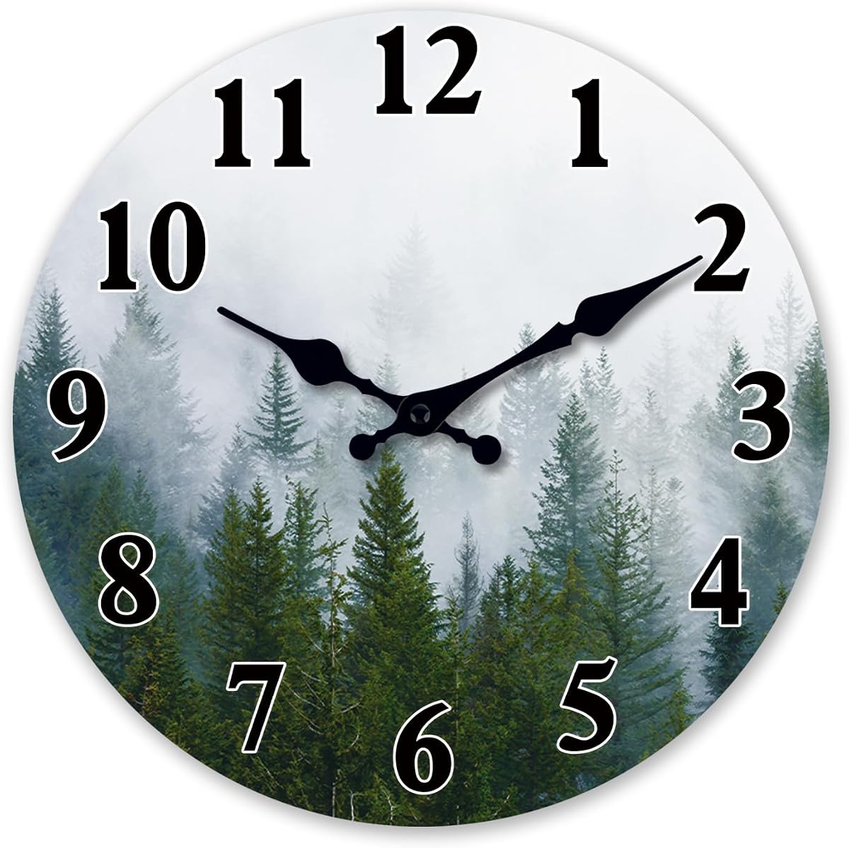 XFM Small Wooden Wall Clock Battery Operated 10 Inch Misty Forest | Silent Non-Ticking Decorative Round Wall Clocks for Bathroom Kitchen Bedroom Home Office Decor