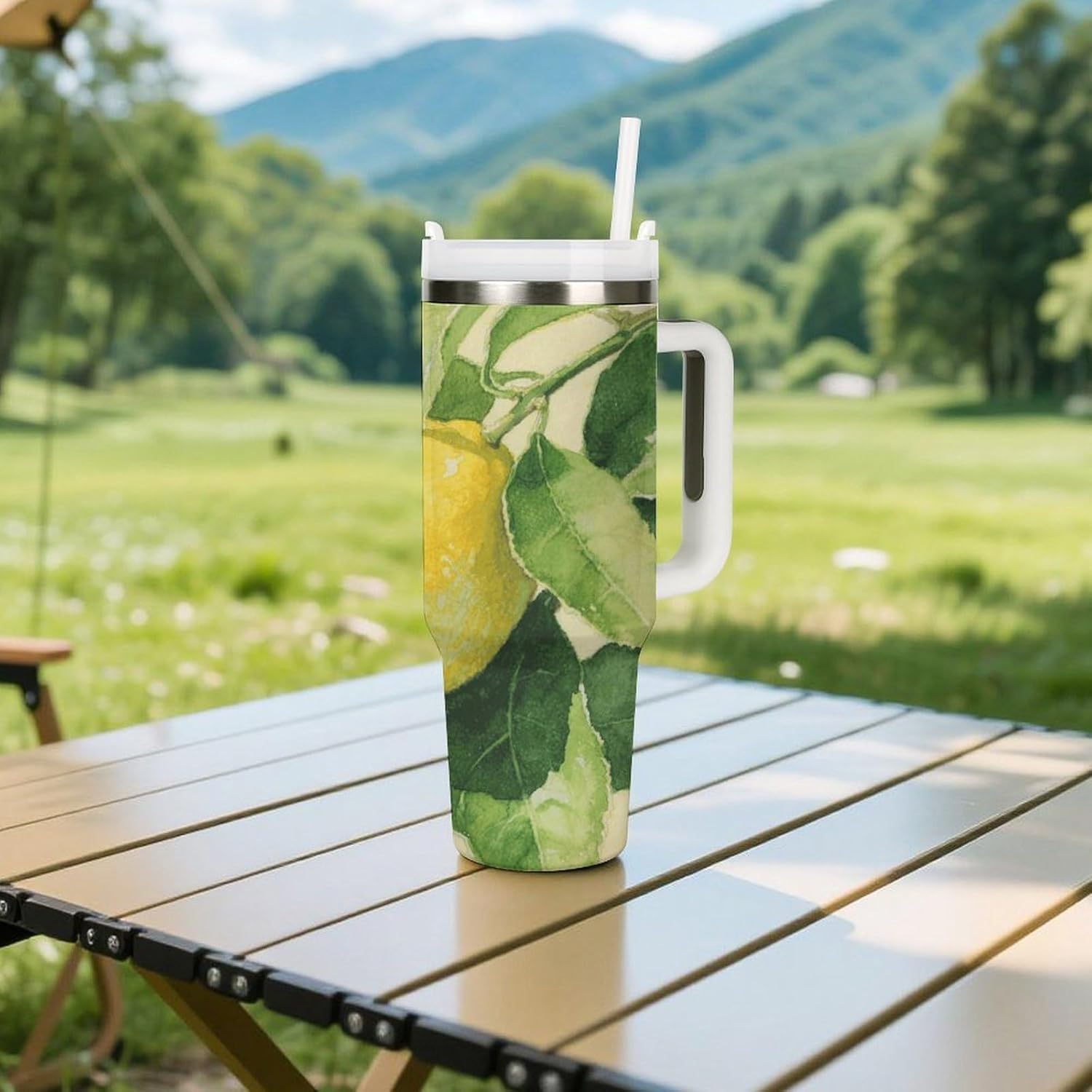 Watercolor Lemon Fruit Water Bottle with Straw Lid Stainless Steel Tumbler with Handle Leak Proof Coffee Mug Double Wall Vacuum Insulated Bottle Fit in Any Car Cup Holder 40 Oz