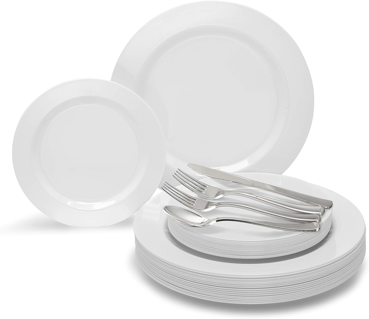 " OCCASIONS " 200 Piece set (25 Guests)-Heavyweight Wedding Party Disposable Plastic Plate Set -25 x 10.5'' + 25 x 7.5'' +Silver Silverware+ Clear Cups +3PLY Napkins (Plain white plates)