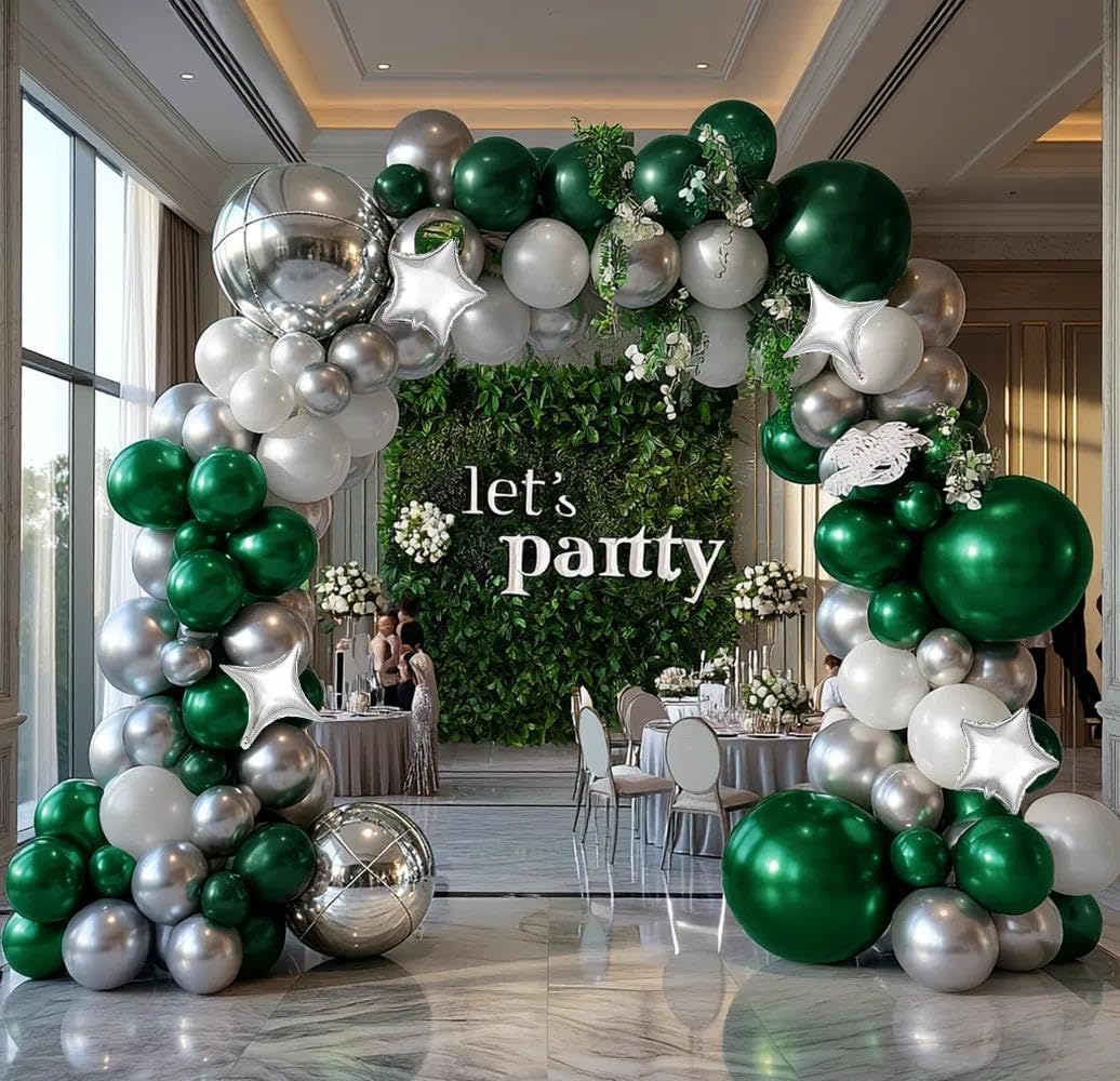 Emerald Green Silver Balloon Arch Double Stuffed White Pearl Balloon Kit | Dark Forest Green White with Silver Star Foil Balloon Garland for Birthday Christmas Anniversary Opening New Year Party Decor