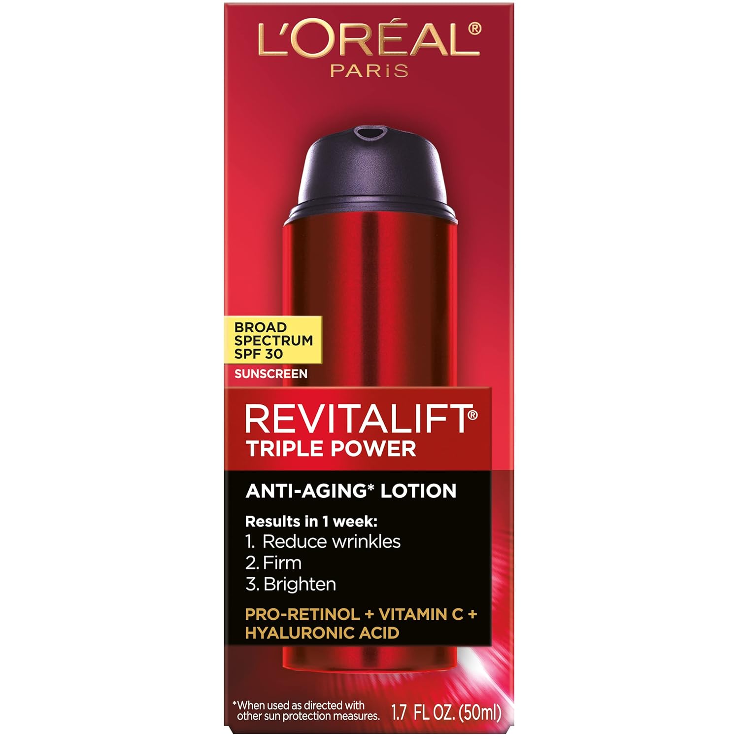L'Oreal Paris Revitalift Triple Power Anti-Aging Broad Spectrum SPF 30 Sunscreen,Pro Retinol,Hyaluronic Acid & Vitamin C Lotion,Reduces Wrinkles 1.7 Oz,(Pack of 2)