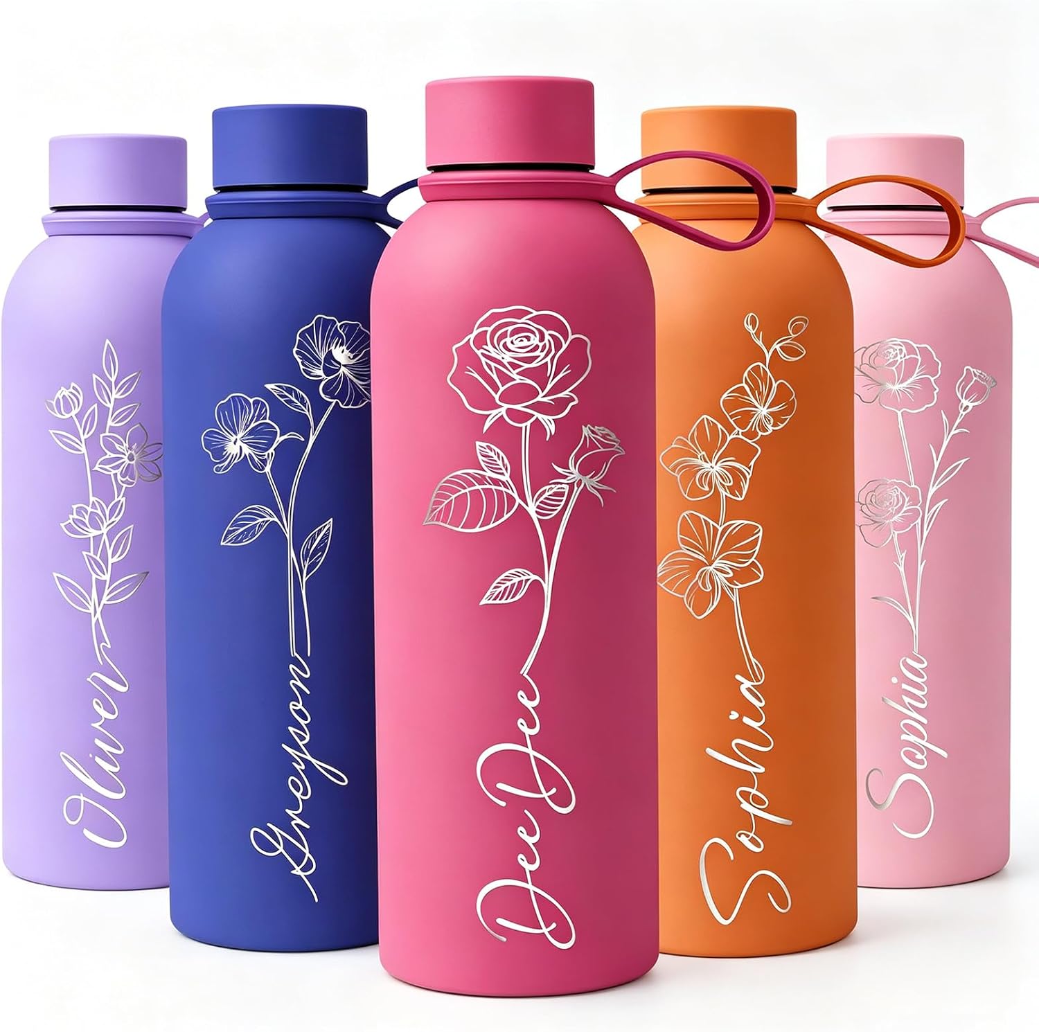 Custom Water Bottle, Engraved with Name & Birth Flower, 18oz