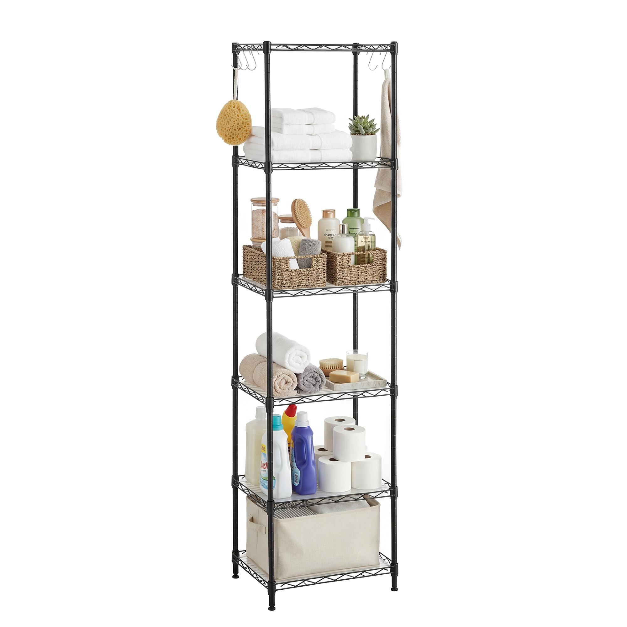 SONGMICS 6-Tier Shelving Unit, Metal Kitchen Storage Shelves, with Adjustable Wire Shelves, PP Liners, 8 Hooks, for Living Room, Garage, 30 x 40 x 160 cm, Black LGR116B01