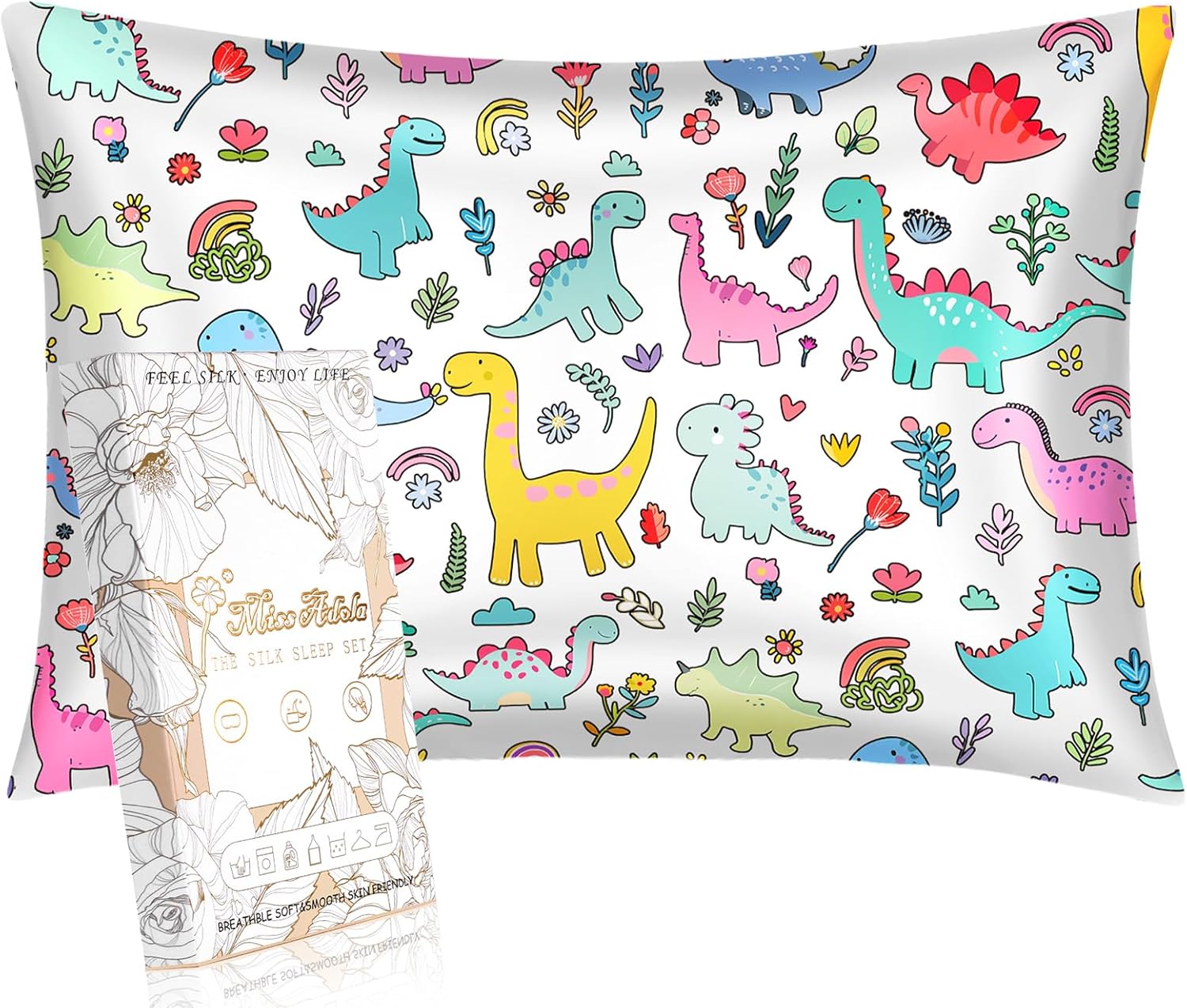 1 Pack Kids Pillowcase - Queen Size 30 x 20 Inches 19 Momme Mulberry Silk Zipper Pillow Case for Hair and Skin Cute Cartoon Kawaii Colorful Dinosaur Silk Pillowcase for Teens Girls Boys